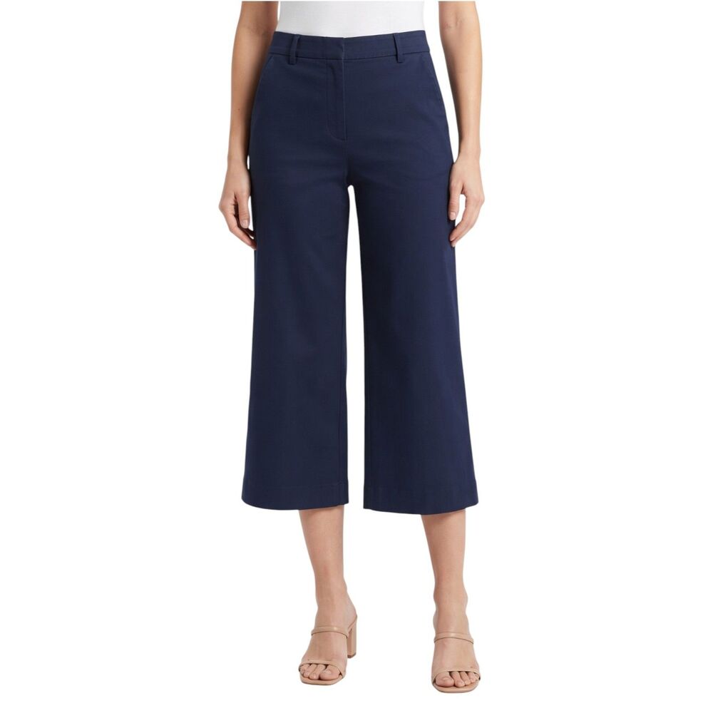ZARA Navy Crop Wide-Leg Chino Trousers Casual Cropped Pants Career